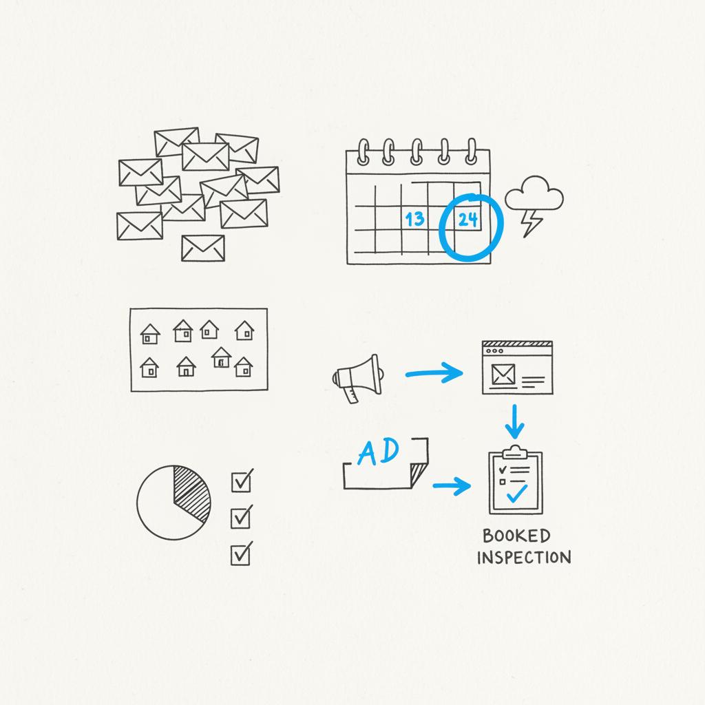 Close-up planner sketch of a neighborhood roofing campaign showing envelope icons, circled post-storm calendar date, and arrows from ad to landing page to booked inspection &mdash; leads for roofers