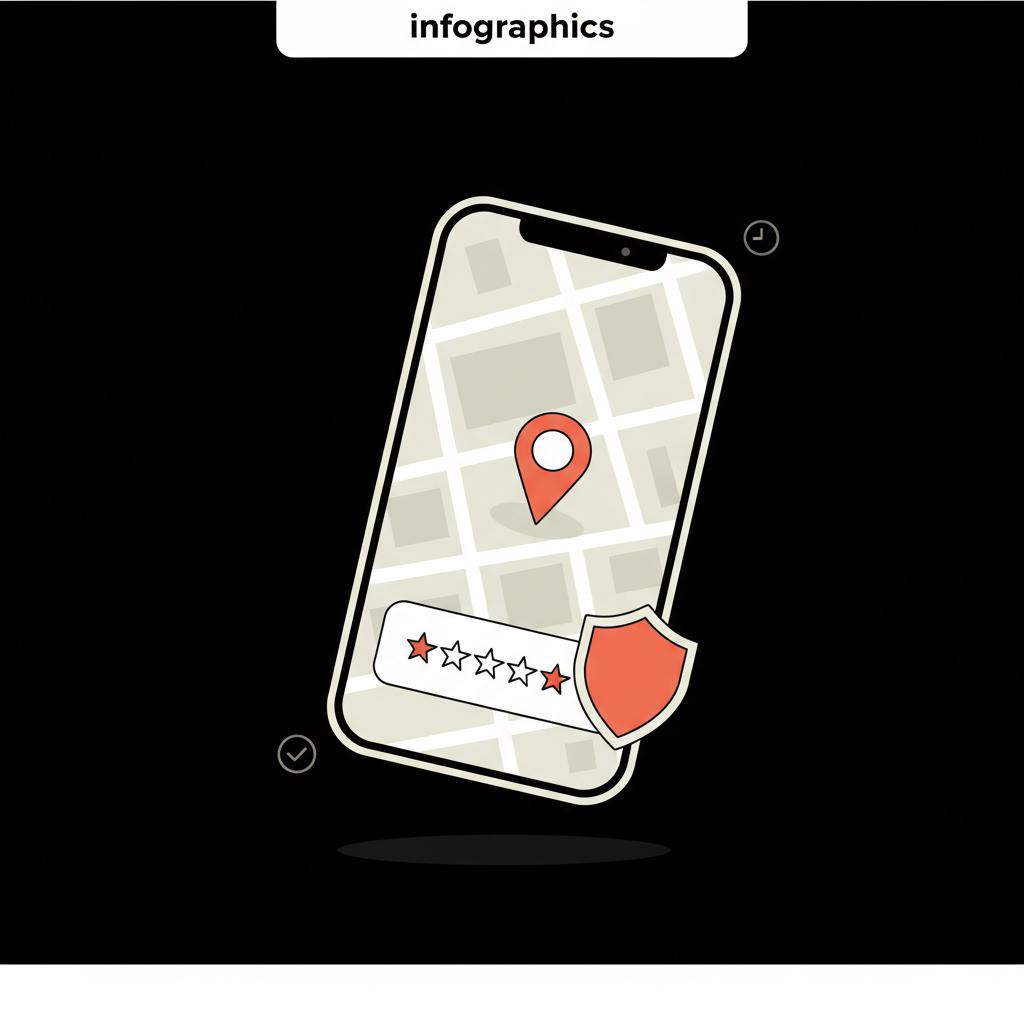 Minimal flat vector of a smartphone showing a generic map pin and empty review slot with a shield overlay, illustrating how to know if my Google review was removed