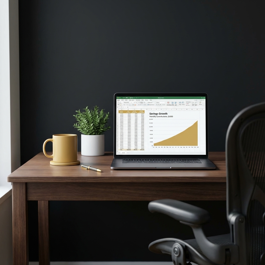 Tidy home office with laptop displaying a savings growth spreadsheet and coffee mug with green accent matching brand colors illustrating how much to invest for $1000 a month