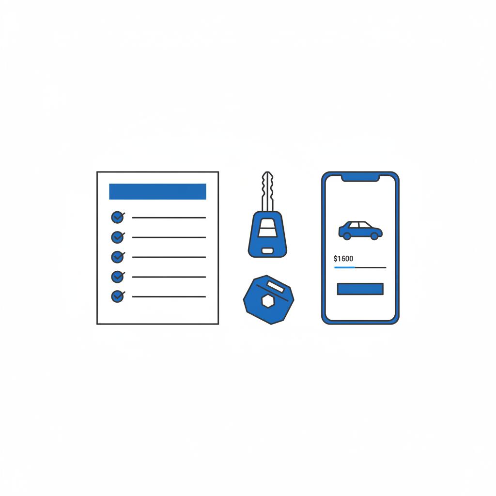 Minimalist 2D vector flat lay of a checklist on a white desk with car keys and a smartphone showing a clean car listing interface in blue accents highlighting the best month to buy a Honda