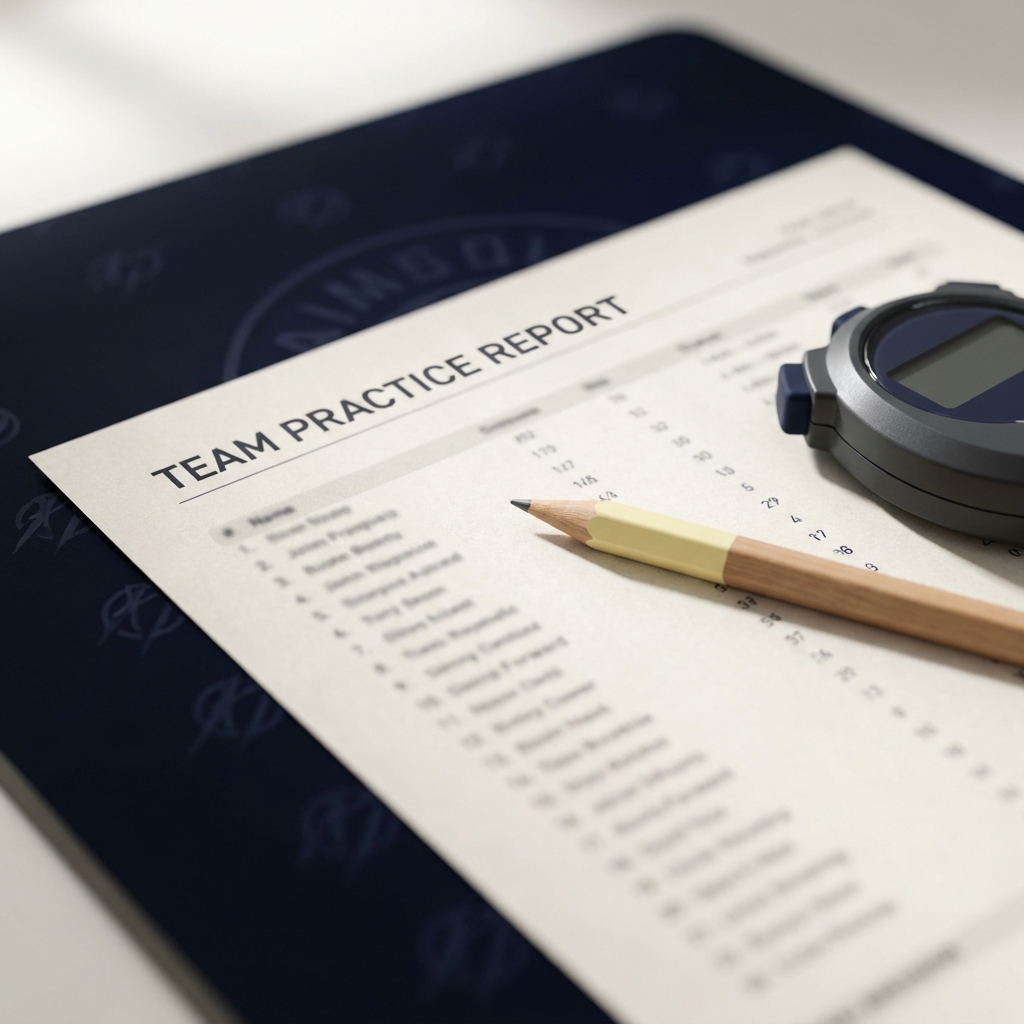 Close up of a team practice report sheet with pencil and stopwatch on a dark branded background showing a minimal tidy layout for bulls prediction analysis