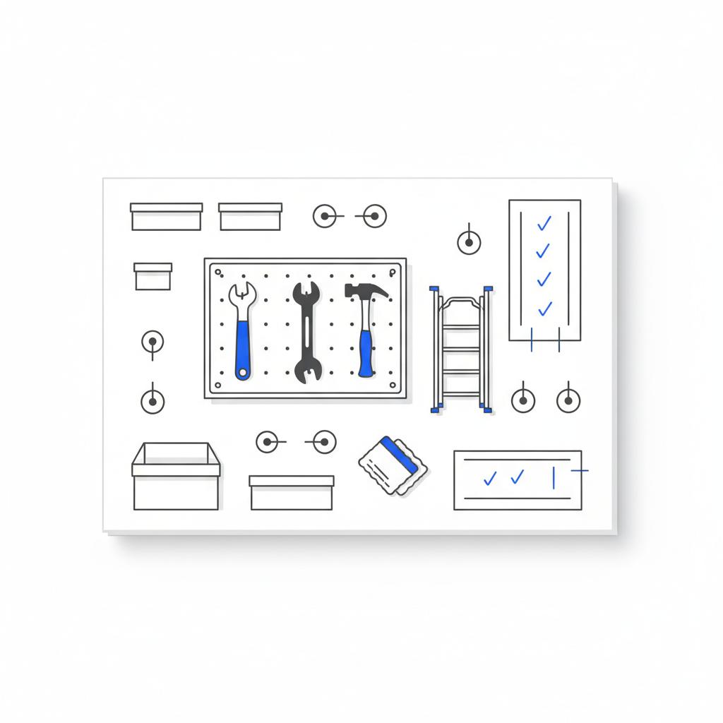2D vector sketch of a tidy garage pegboard with wrench, level, hammer silhouettes and folded ladder on white background with blue accent on a tool handle — average handyman cost per hour