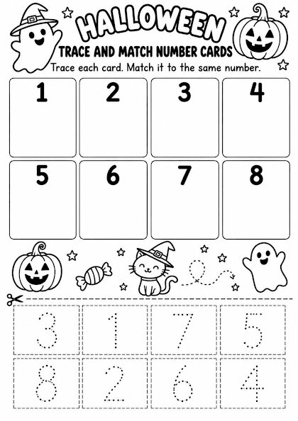 Halloween Trace and Match Number Cards