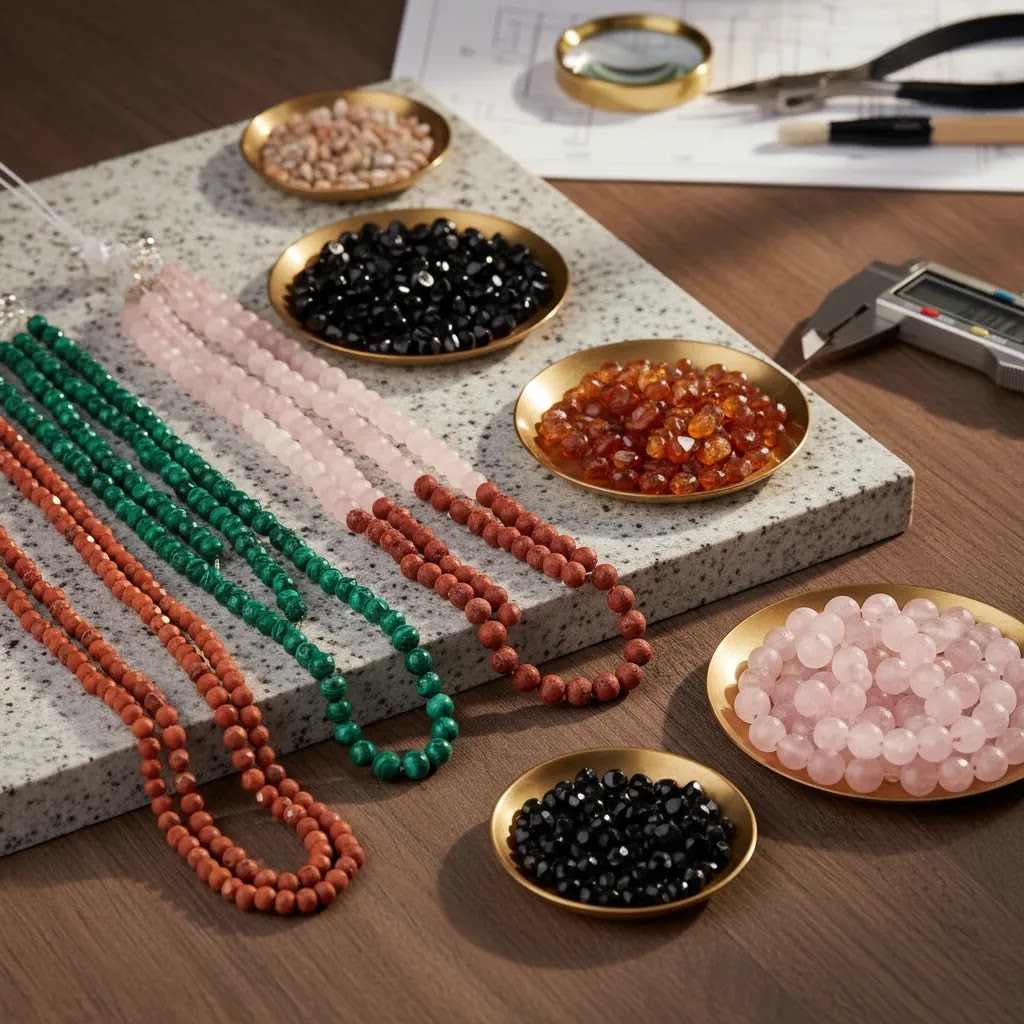 Gem beads wholesale editorial display of natural stone beads for jewelry making and B2B sourcing