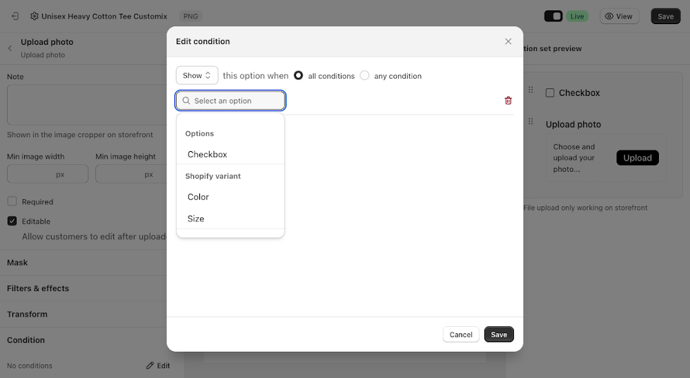 Edit condition dialog with the option picker showing Checkbox as a single entry alongside Shopify variant options