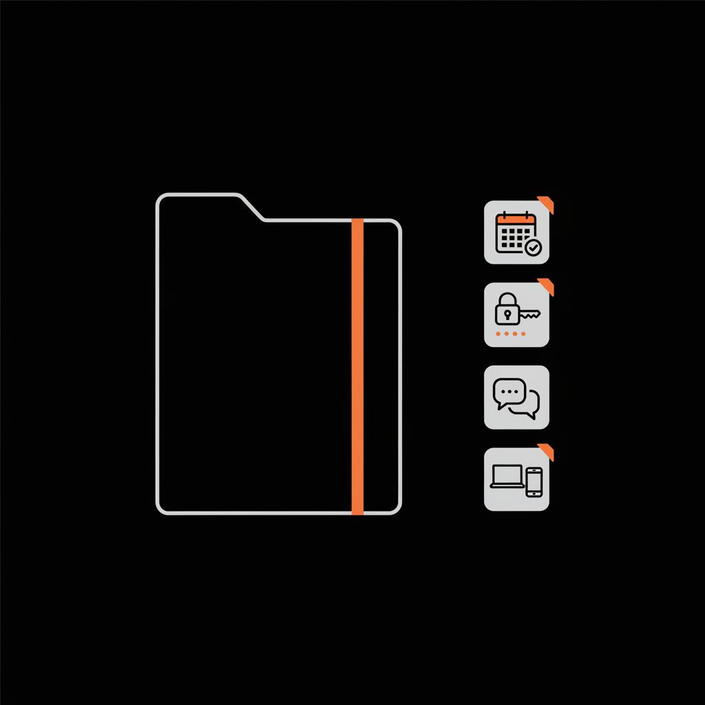 Minimal 2D vector infographic of a notebook with four icons for creation date, passwords, contacts and devices to prepare to recover gmail account.