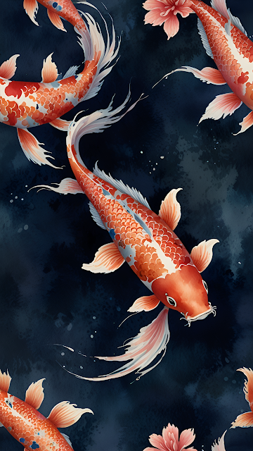 Graceful Koi Fish Swimming Amidst Floating Sakura Petals - Free mobile Wallpaper