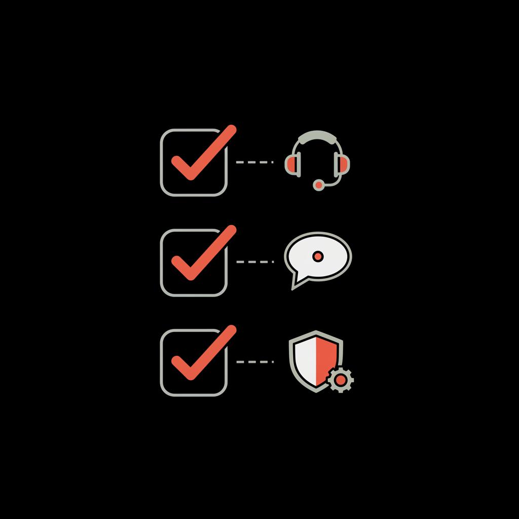 Minimal 2D vector checklist infographic on black background with three checked boxes and support icons in brand colors, how to respond to customer complaints