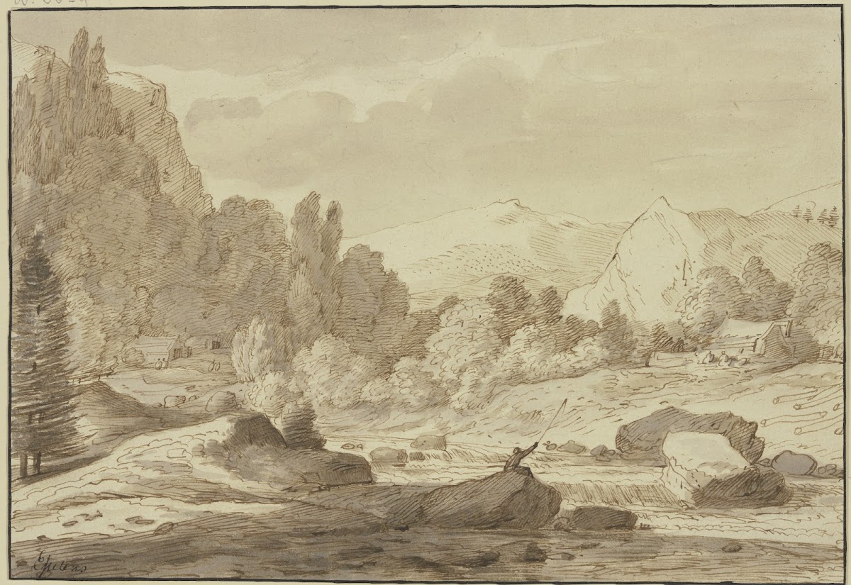 Gebirgslandschaft mit einem Waldbach an welchem ein Angler sitzt
