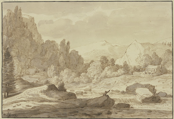 Gebirgslandschaft mit einem Waldbach an welchem ein Angler sitzt
