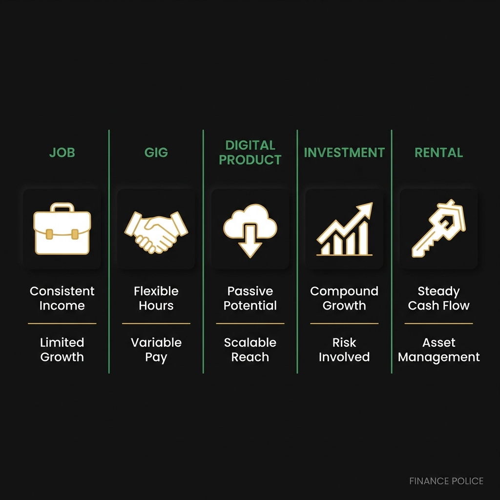 Minimalist infographic comparing five streams of income with icons for job gig digital product investment and rental on a dark Finance Police themed background