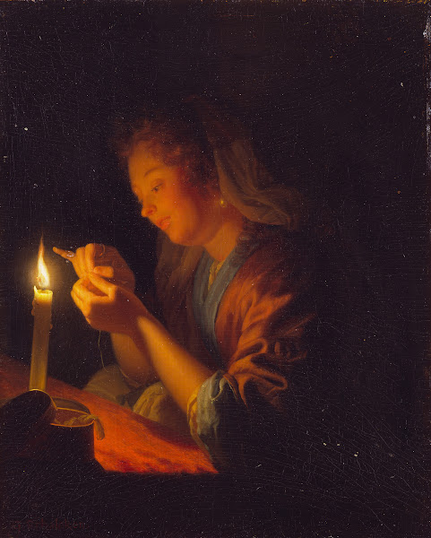 Girl threading a Needle by Candlelight late 1670s
