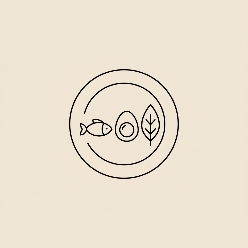 Minimal Tonum-style line illustration of a plate with a fish, halved egg, and leaf on beige background #F2E5D5 representing protein and weight loss