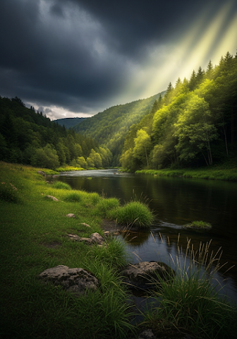 Dramatic Sunlight Over River Valley