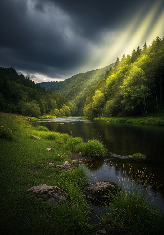 Dramatic Sunlight Over River Valley
