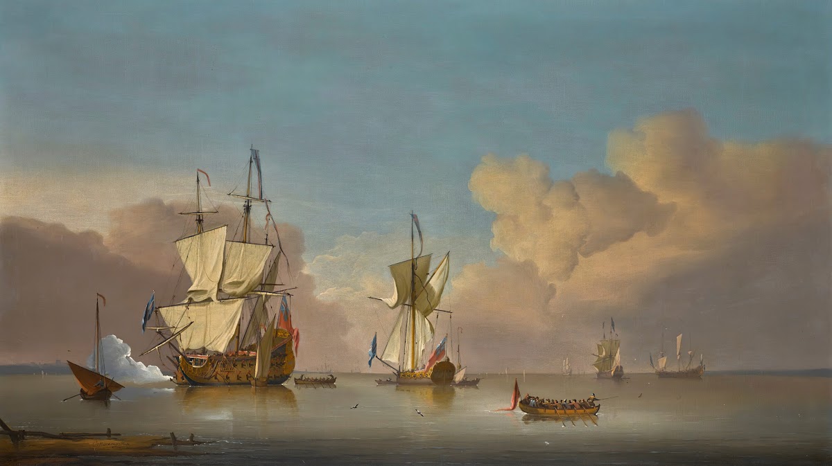 The evening gun Men o War and barges in a calm sea