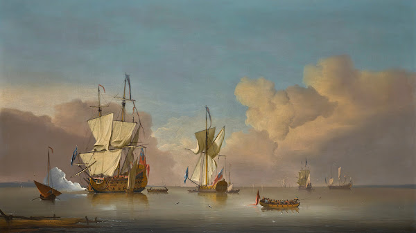 The evening gun Men o War and barges in a calm sea