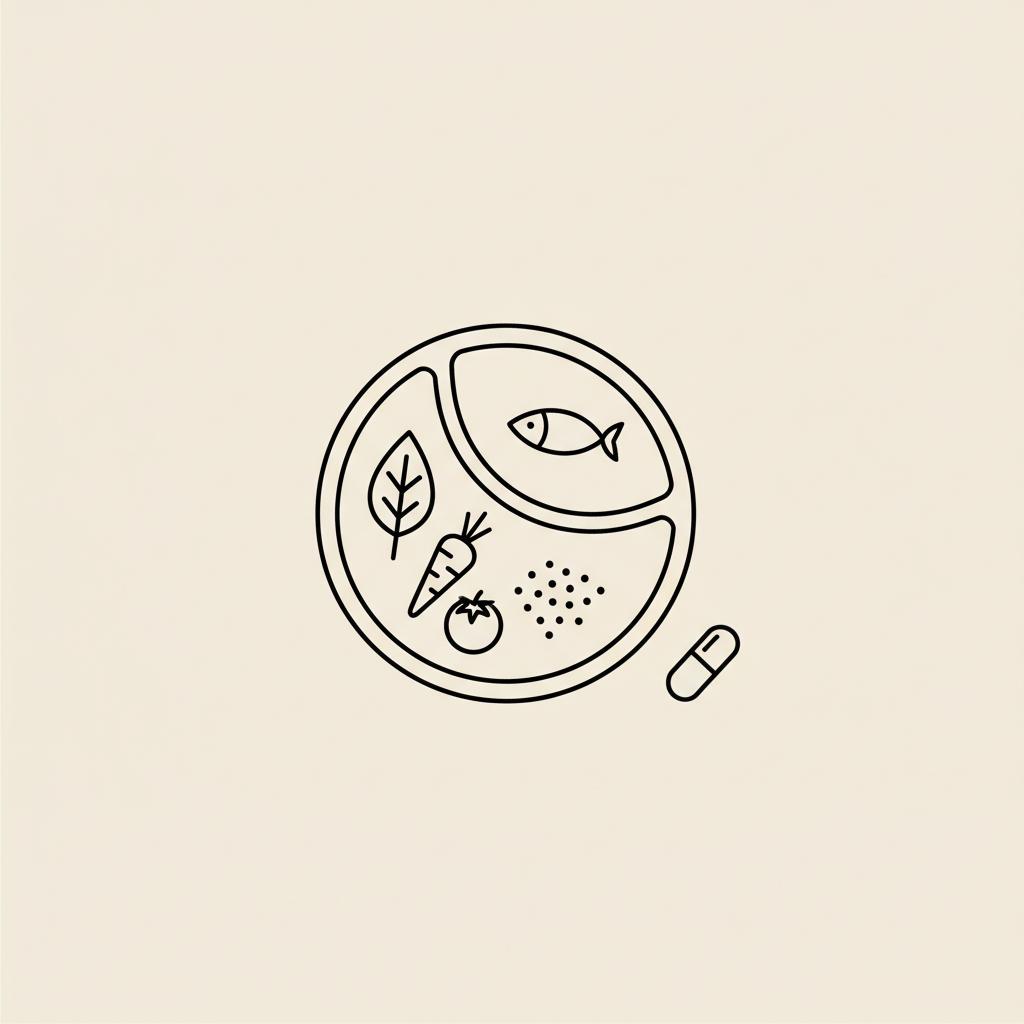 Minimalist vector line illustration of a divided plate with vegetables, protein and a small grain portion plus a capsule/leaf on beige background, relating to gluten free weight gain causes