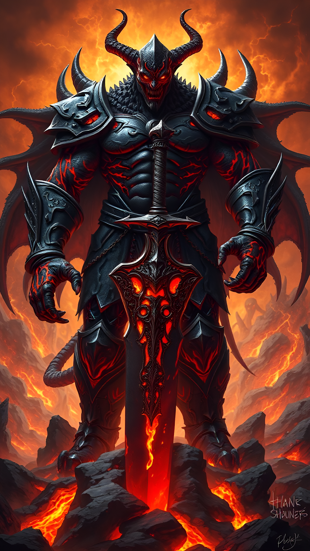 Demon Warrior with Lava Sword in Fiery Hellish Landscape - Free 4K mobile Wallpaper