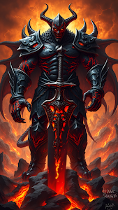 Demon Warrior with Lava Sword in Fiery Hellish Landscape