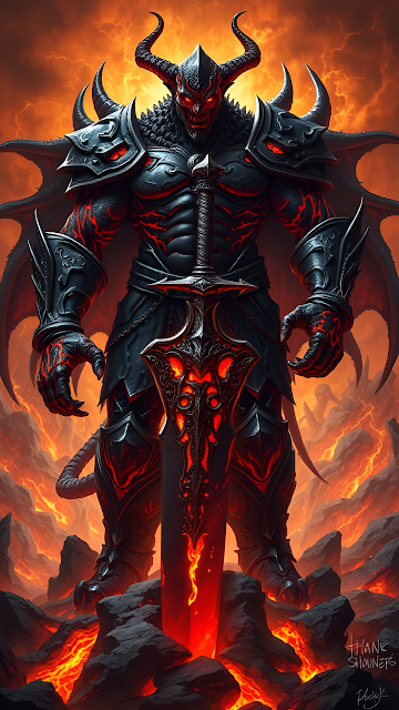 Demon Warrior with Lava Sword in Fiery Hellish Landscape - Free mobile Wallpaper