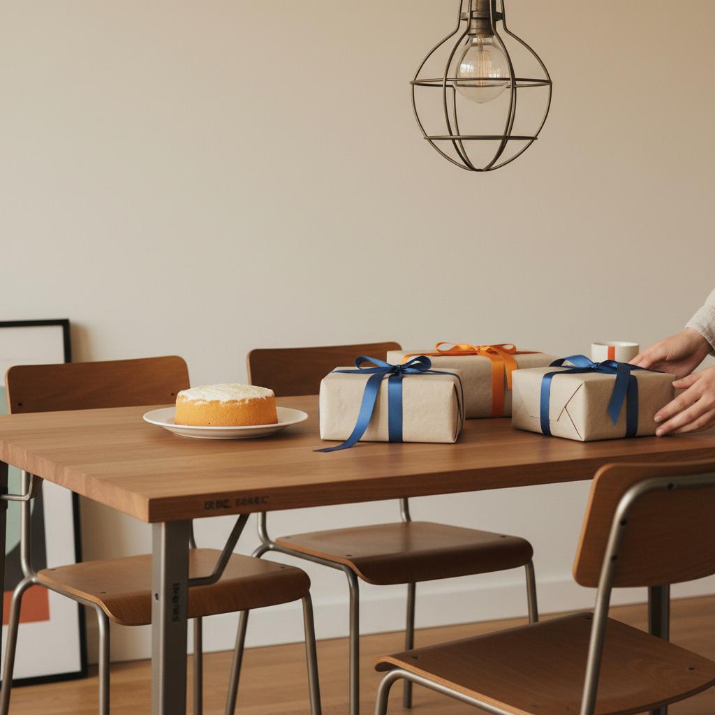 Intime Esstischszene mit Geschenkboxen und Vanillekuchen, warme Beleuchtung, Holz- und Metalldetails – persönliche Geschenke Mutter im minimalistischen Stil