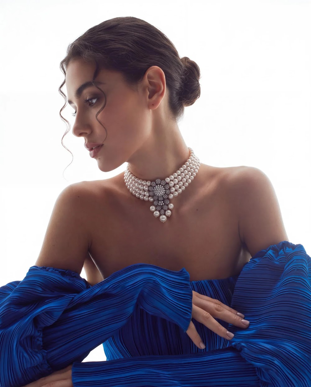 Model wearing the Shyla Diamond Bead Choker with an off-shoulder blue dress from Tyaani