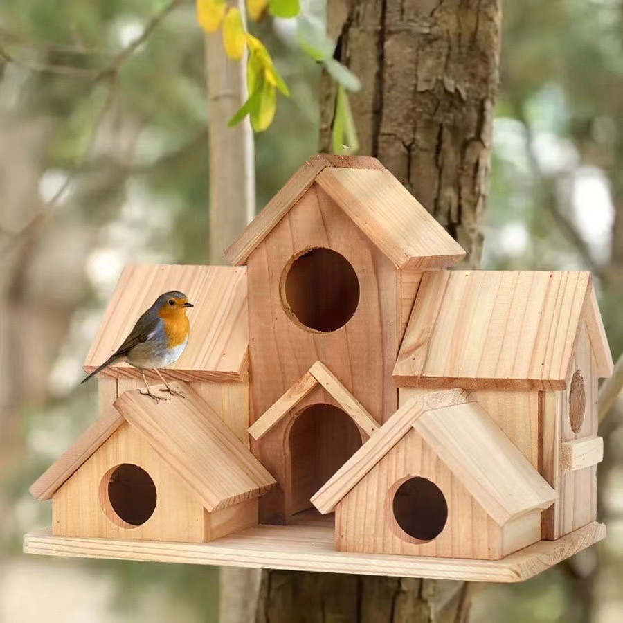 Rustic hanging wooden birdhouse