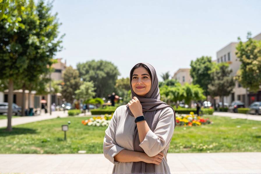 امرأة عربية شابة تستمتع بضوء الشمس في حديقة