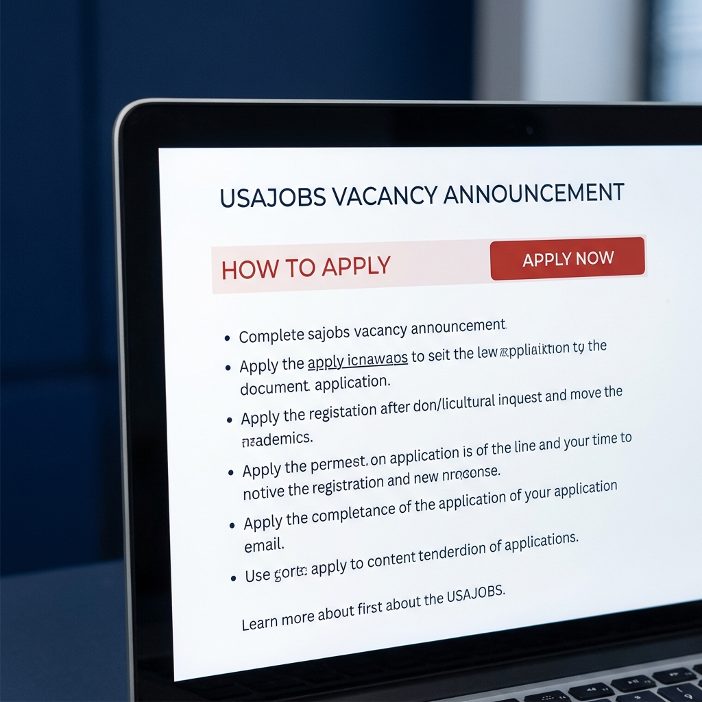 Close up laptop screen showing USAJOBS vacancy listing with highlighted How to Apply section for american govt jobs on minimalist navy background