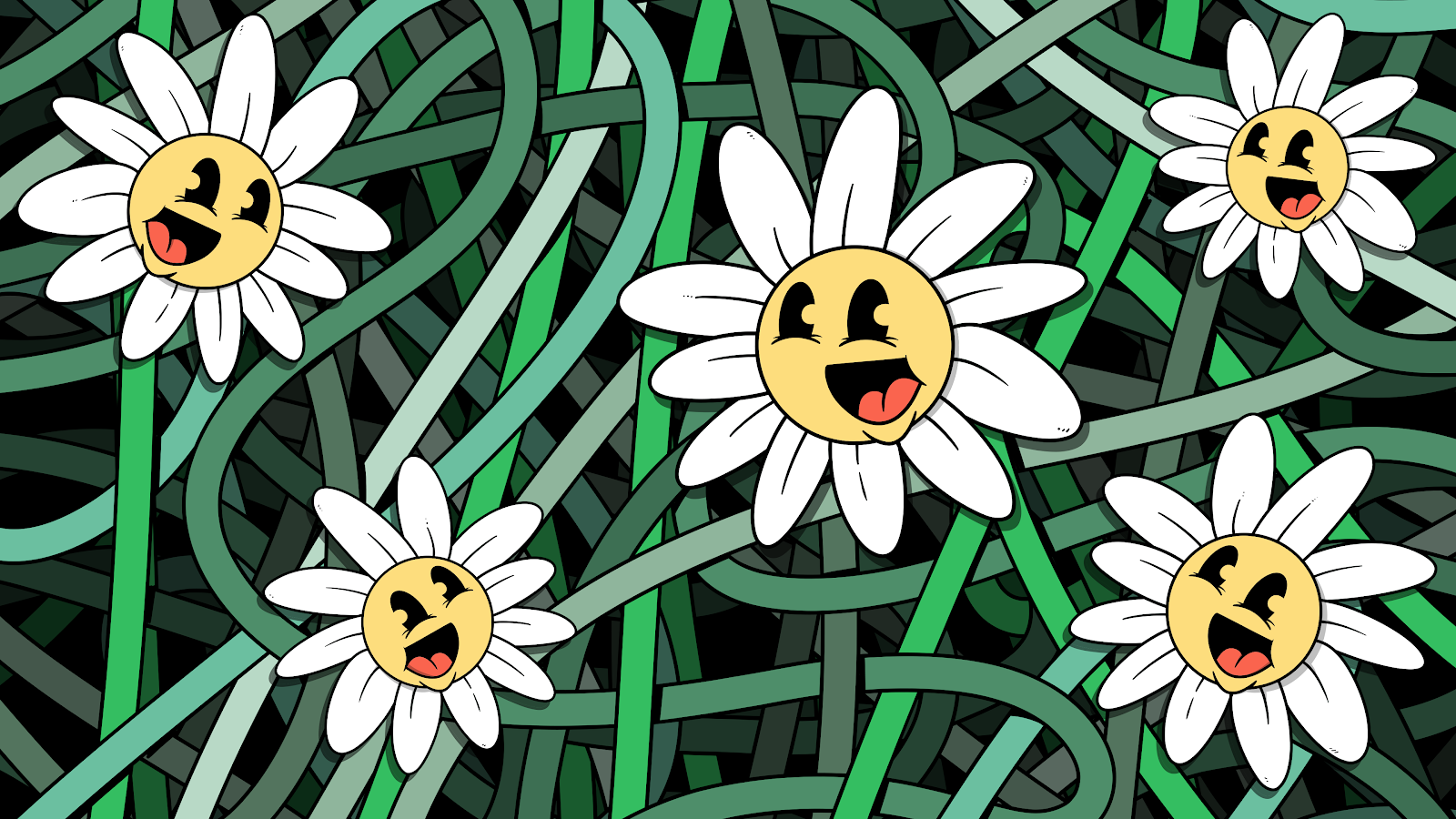Smiling Retro Cartoon Daisies - Retro Cartoon Art 4K Wallpaper (3840x2160)