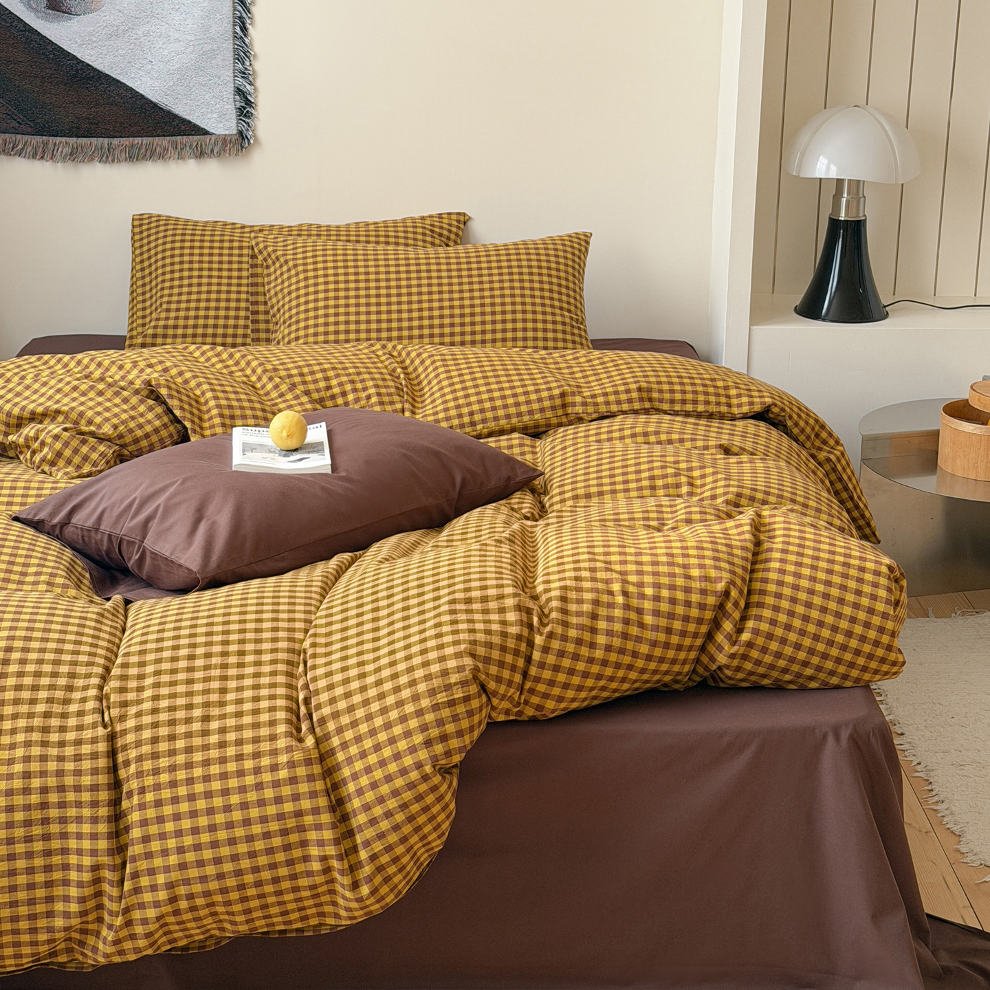 Water-washed cotton bed linen, 4-piece, check
