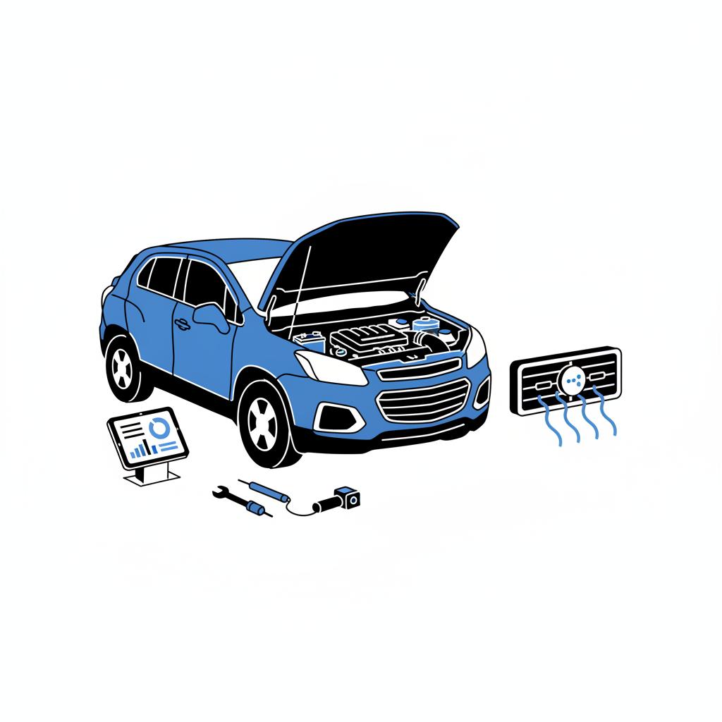 Minimalist 2D vector of a chevrolet trax car engine bay and HVAC vent with diagnostic tools and non textual indicator icons in CarFax blue and black on white