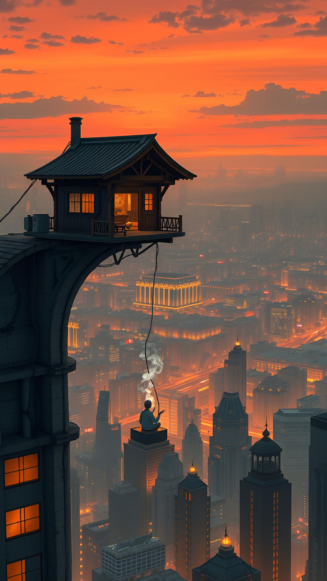 Surreal cliff house overlooking vast orange sunset metropolis - Free 4K mobile Wallpaper