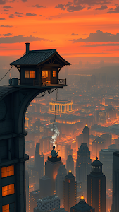 Surreal cliff house overlooking vast orange sunset metropolis