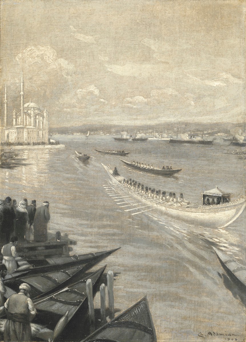 Abdülhamid II crossing the Bosphorus for his coronation in the Eyüp Sultan Mosqu