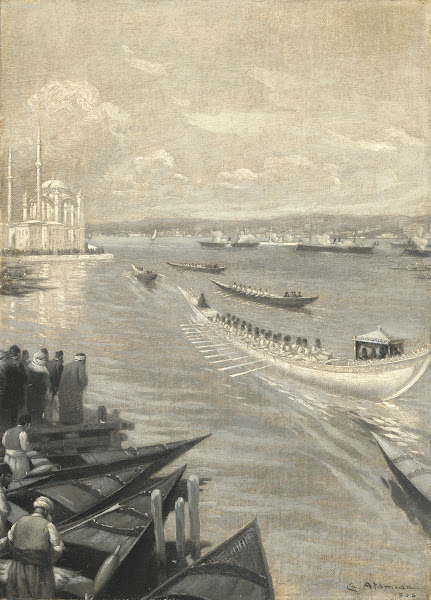 Abdülhamid II crossing the Bosphorus for his coronation in the Eyüp Sultan Mosqu