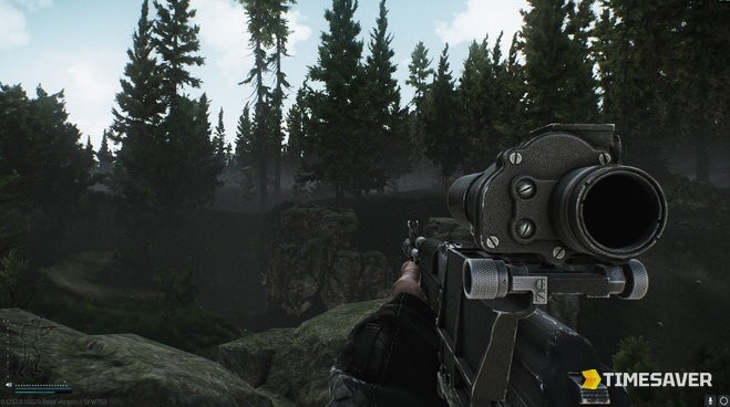 First-person view over the Woods tree line in Escape from Tarkov, a long-range sniper map
