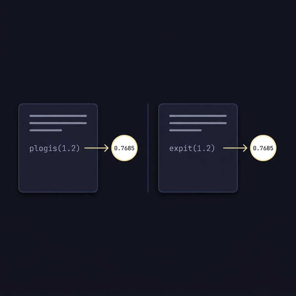 Minimal 2D vector showing side by side code panels with R plogis call and Python expit call with arrows to probability badges illustrating convert odds to probability