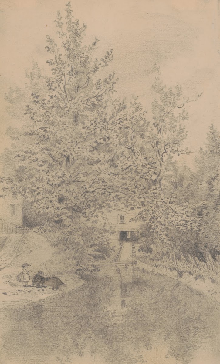Boy fishing beside a stream while a girl watches over his shoulder 1840 1860