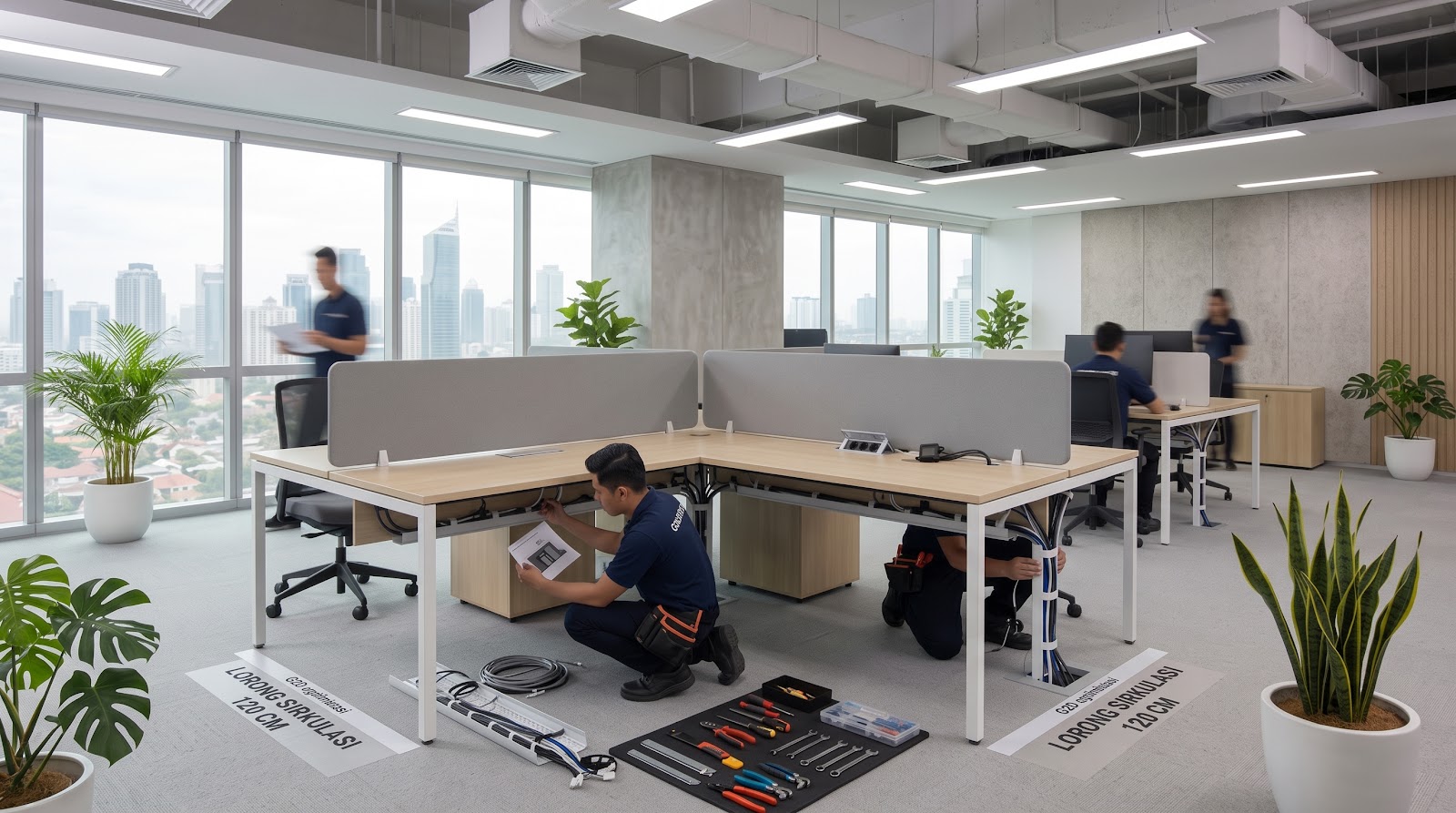 Dokumentasi pemasangan meja kantor workstation 4 staff oleh COCOUP Jakarta