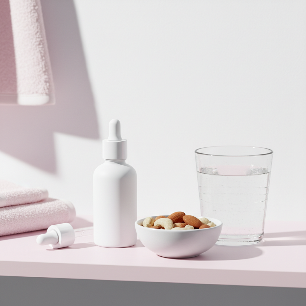 Nahaufnahme einer minimalistischen Badezimmerablage mit unlackierter Serumflasche, Schale mit Nüssen und Glas Wasser – Pflege gegen brüchige Nägel.