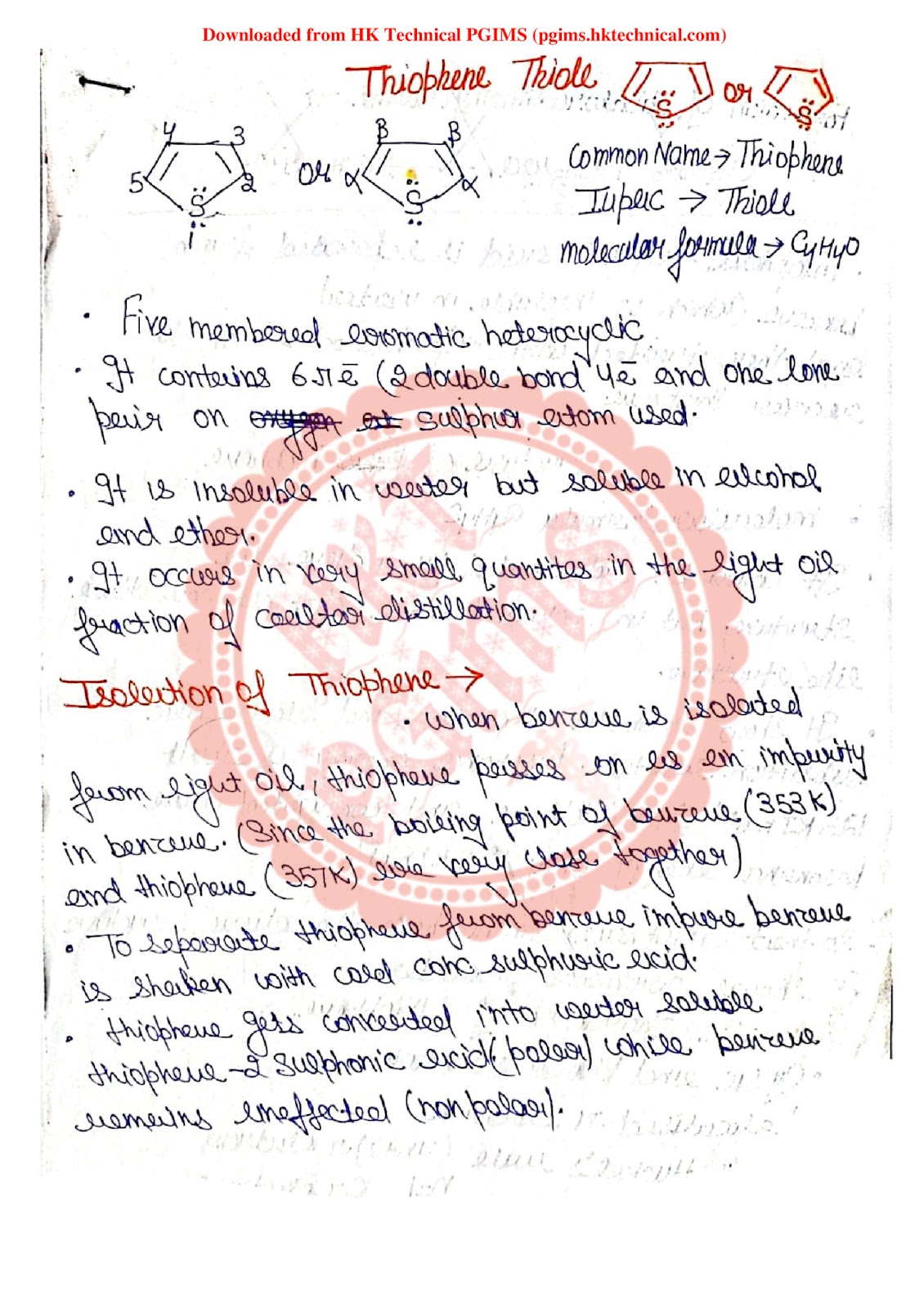 Thiophene organic chemistry unit 3 4th Semester B.Pharmacy ,BP401T Pharmaceutical Organic Chemistry III,BPharmacy,Handwritten Notes,Important Exam Notes,BPharm 4th Semester,Pharmaceutical Organic Chemistry,