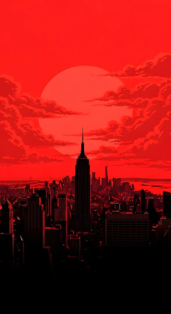 Empire State Building Silhouette in Red Pixel Art Sunset