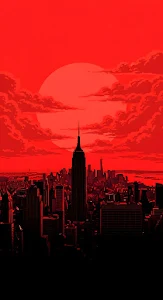 Empire State Building Silhouette in Red Pixel Art Sunset
