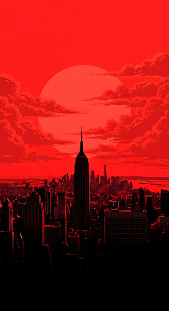 Empire State Building Silhouette in Red Pixel Art Sunset - Free mobile Wallpaper