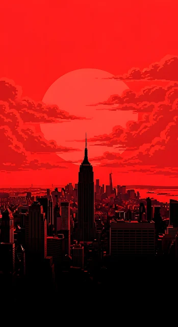 Empire State Building Silhouette in Red Pixel Art Sunset