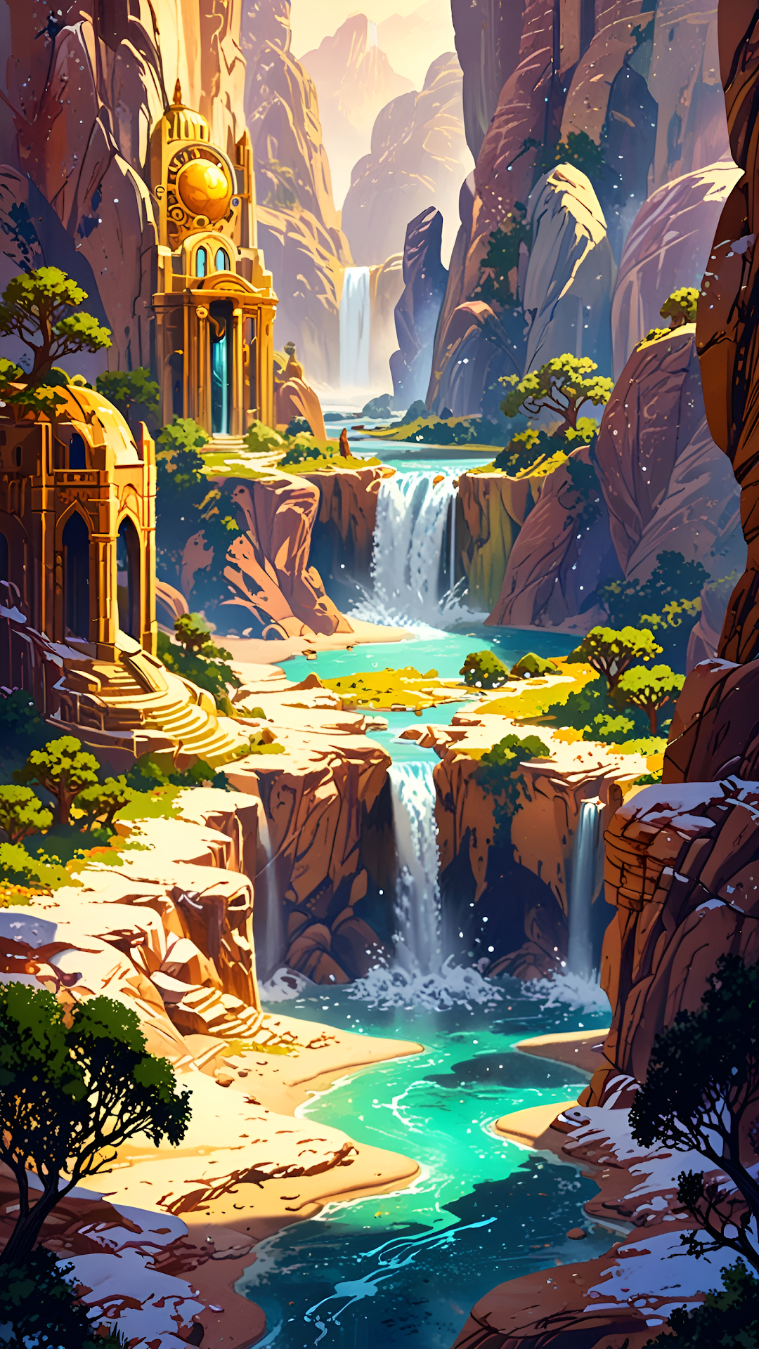 Ancient Temple in Canyon with Waterfalls and Turquoise River - Free 4K mobile Wallpaper