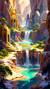 Ancient Temple in Canyon with Waterfalls and Turquoise River