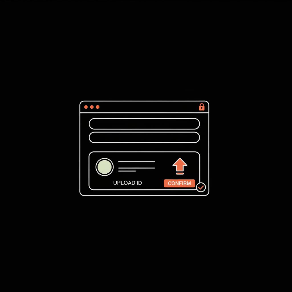 Minimal 2D vector browser recovery form with ID upload icon on black background illustrating how to reset facebook password without email using a clean infographic style
